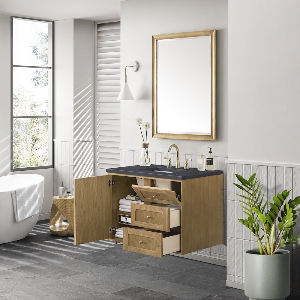 36" Single Vanity, Light Natural Oak w/ 3 CM Charcoal Soapstone Top. Picture 6