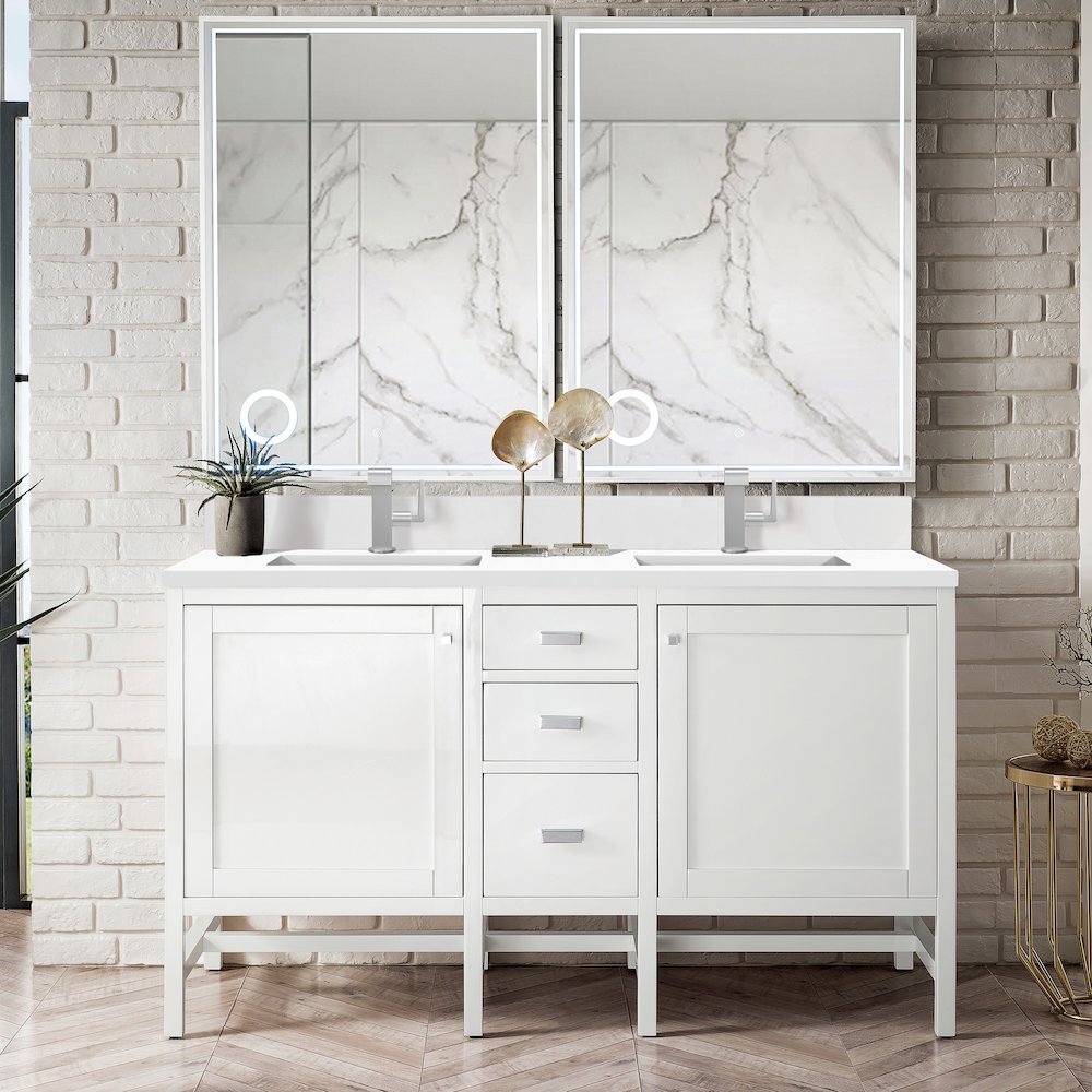 60" Double Vanity, Glossy White w/ Single Hole 3 CM White Zeus Quartz Top. Picture 2