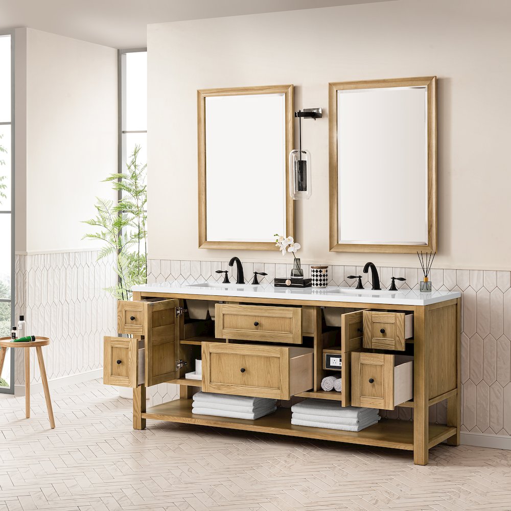 72" Double Vanity, Light Natural Oak w/ 3 CM White Zeus Top. Picture 6