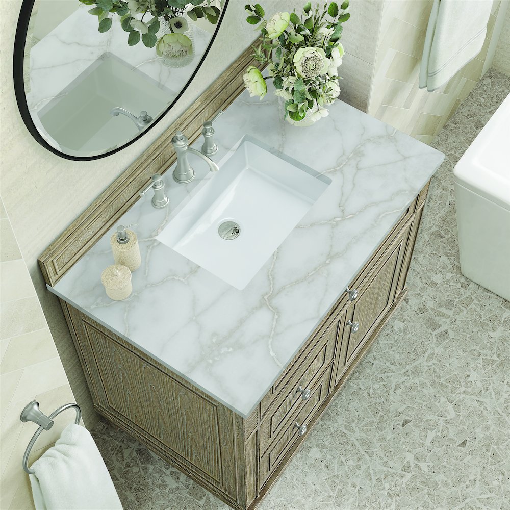 36" Single Vanity, Whitewashed Oak w/ 3 CM Victorian Silver Quartz Top. Picture 7