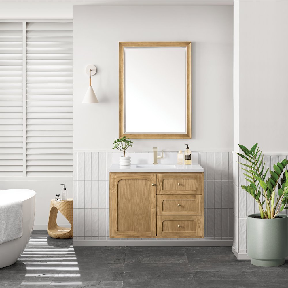 36" Single Vanity, Light Natural Oak w/ Single Hole 3 CM White Zeus Top. Picture 3