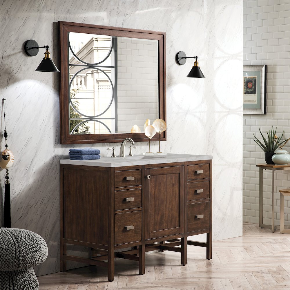 48" Single Vanity, Mid-Century Acacia w/ 3 CM Victorian Silver Quartz Top. Picture 3