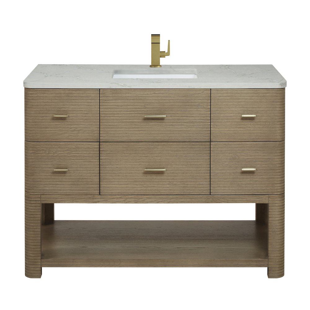 48" Single Vanity, Pebble Oak w/ 3 CM Victorian Silver Quartz Top. Picture 1