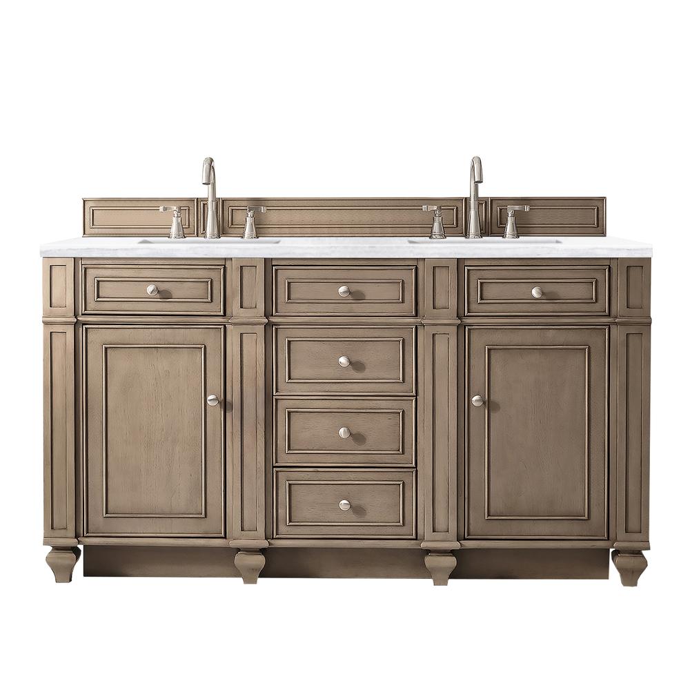 60" Double Vanity, Whitewashed Walnut, w/ 3 CM Arctic Fall Solid Surface Top. Picture 1