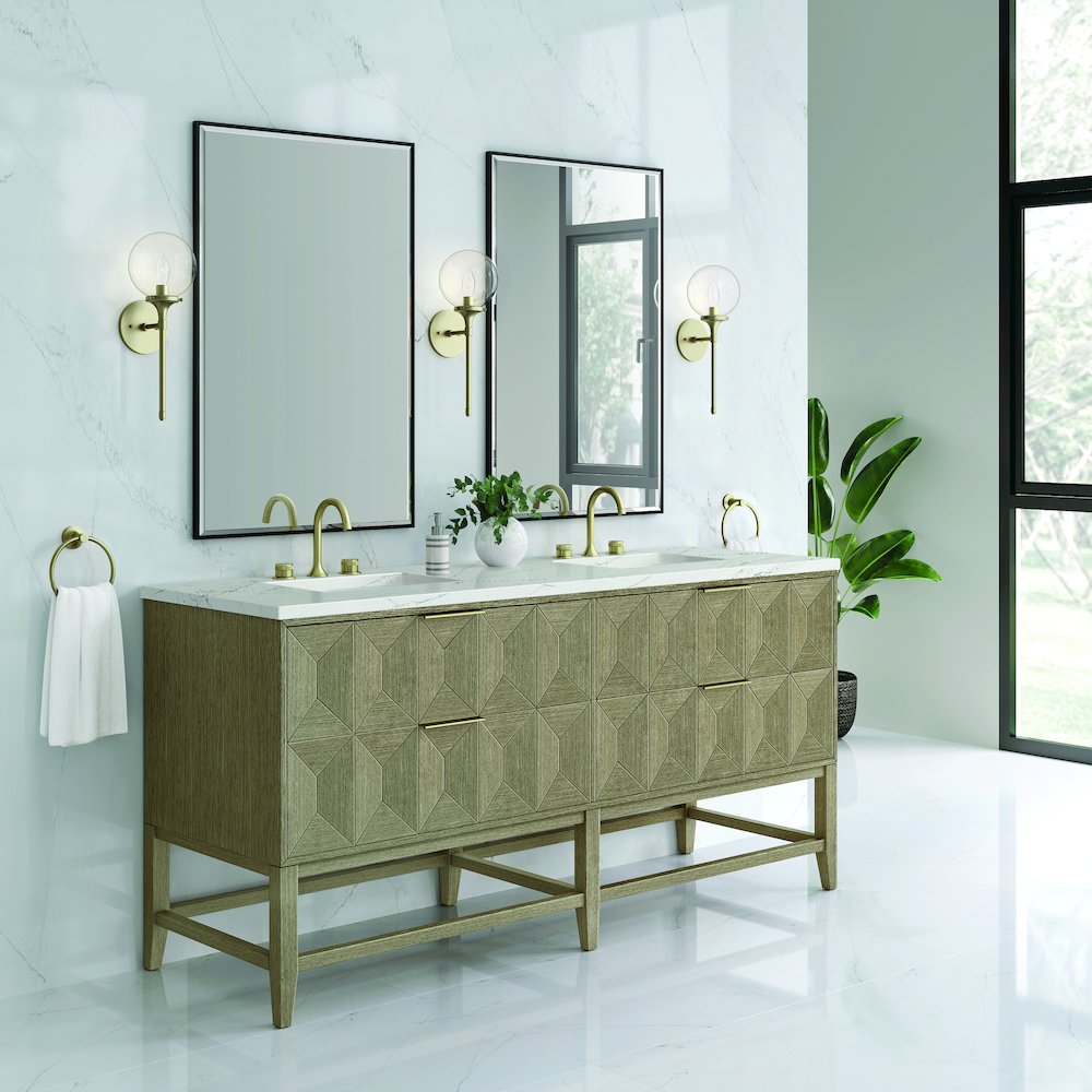 72" Double Vanity, Pebble Oak w/ 3 CM Ethereal Noctis Top. Picture 4