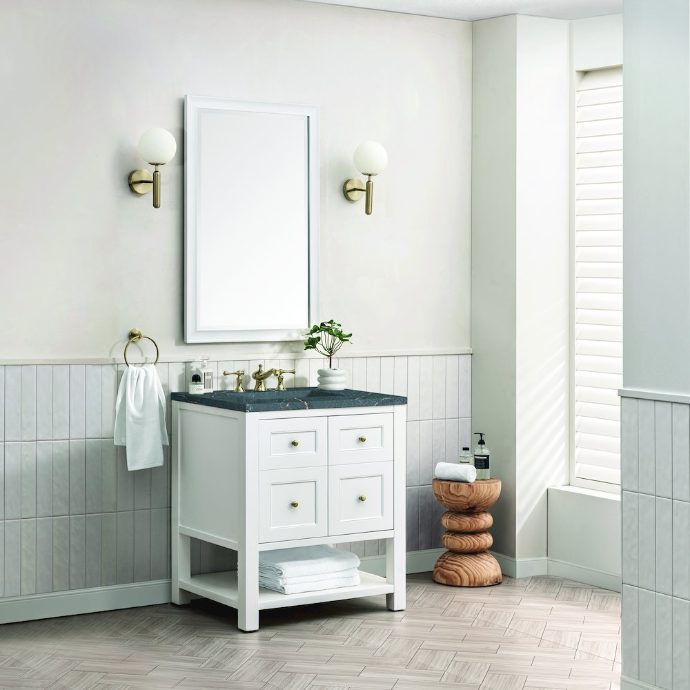 30" Single Vanity, Bright White w/ 3 CM Parisien Bleu Top. Picture 3