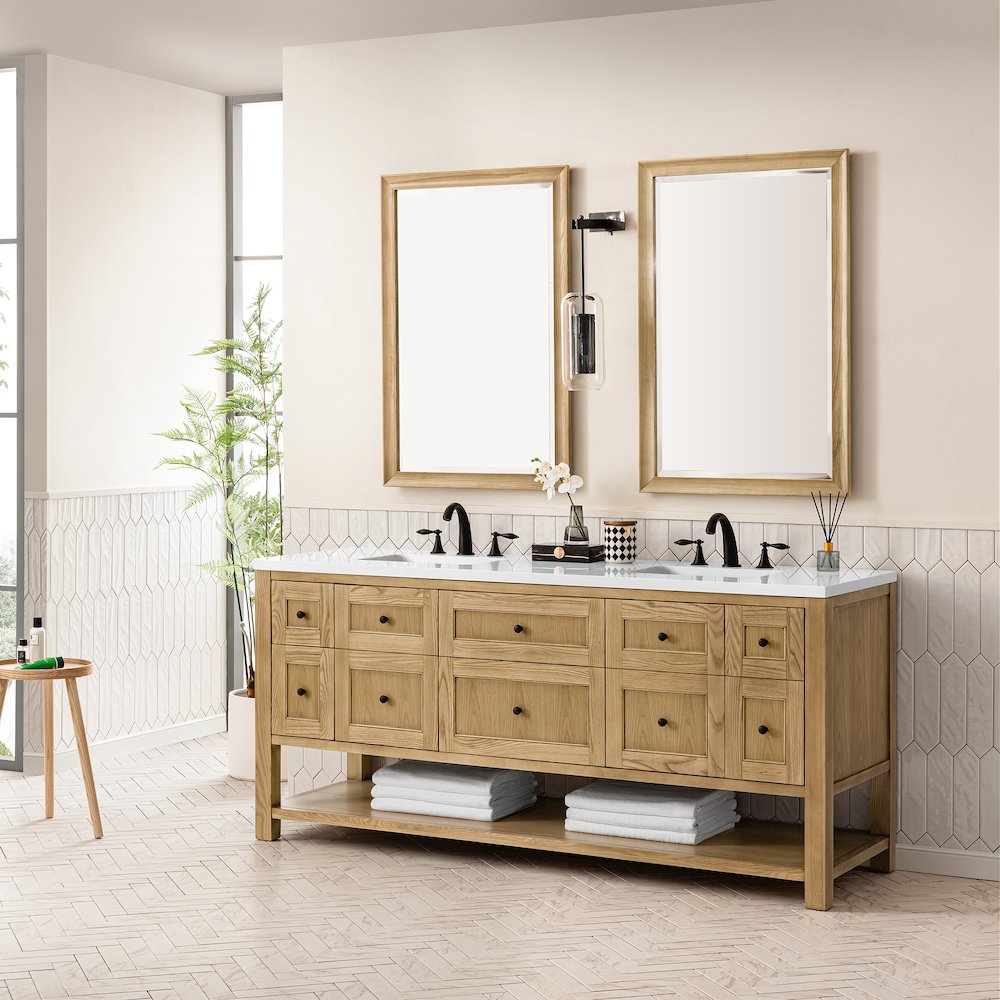 72" Double Vanity, Light Natural Oak w/ 3 CM White Zeus Top. Picture 5