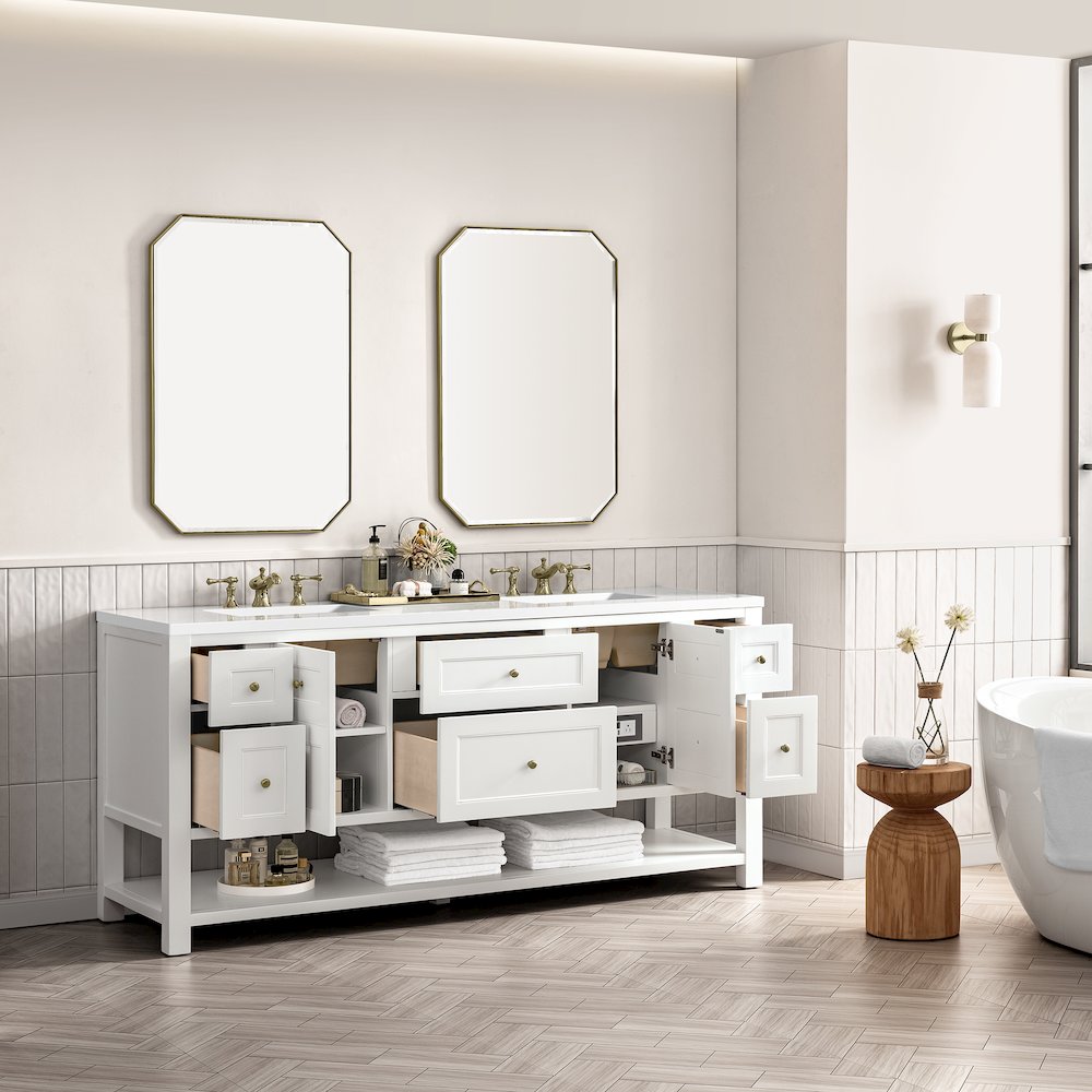 72" Double Vanity, Bright White w/ 3 CM White Zeus Top. Picture 5