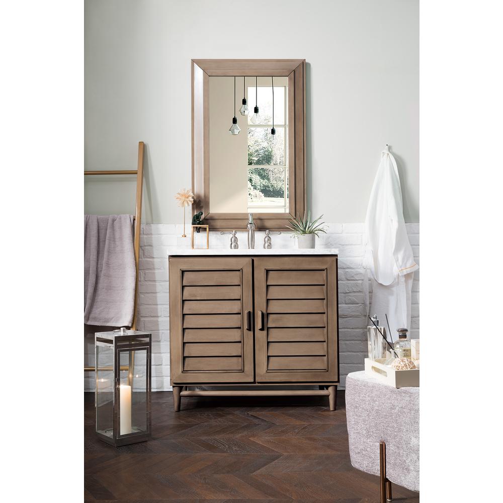 Portland 36" Single Vanity Whitewashed Walnut w/ 3 CM Carrara Marble Top. Picture 2