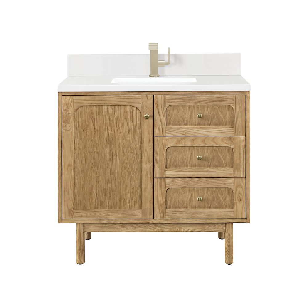 36" Single Vanity, Light Natural Oak w/ Single Hole 3 CM White Zeus Top. Picture 2
