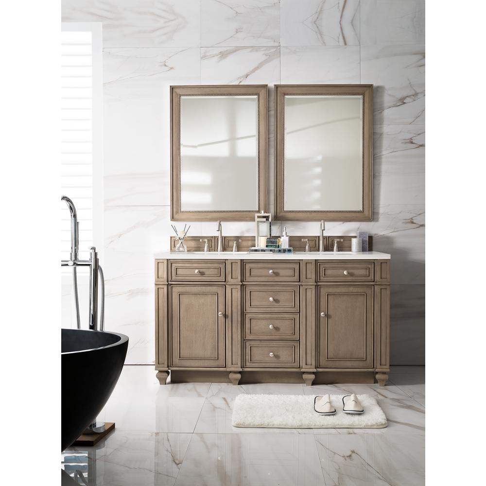 60" Double Vanity, Whitewashed Walnut, w/ 3 CM Arctic Fall Solid Surface Top. Picture 2