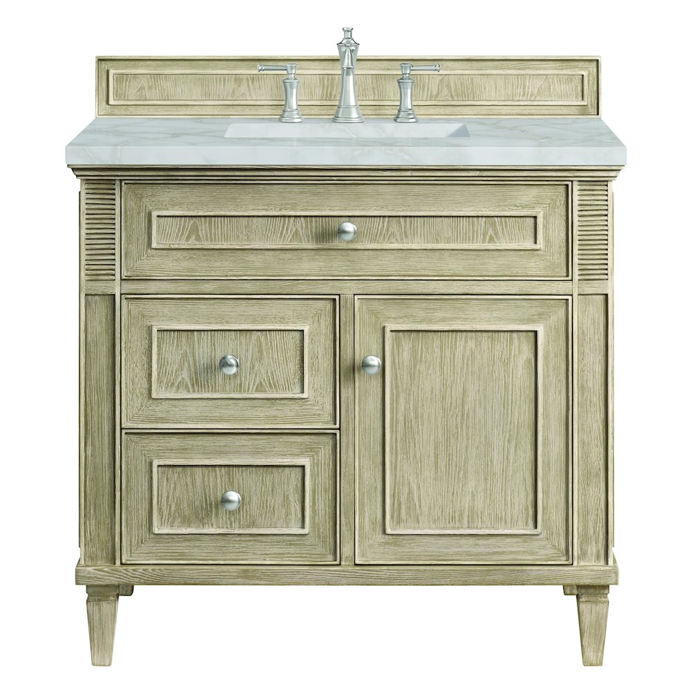 36" Single Vanity, Whitewashed Oak w/ 3 CM Victorian Silver Quartz Top. Picture 1