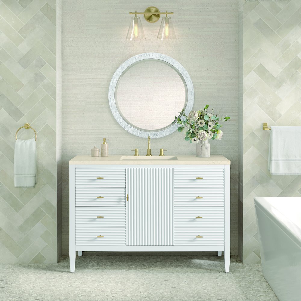 48" Vanity, Bright White w/ 3 CM Eternal Marfil Quartz Top. Picture 3