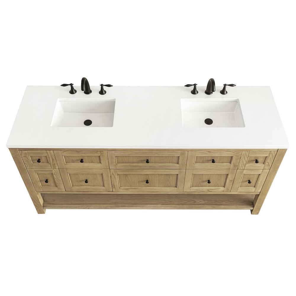 72" Double Vanity, Light Natural Oak w/ 3 CM White Zeus Top. Picture 8