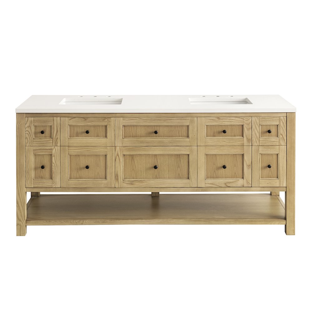 72" Double Vanity, Light Natural Oak w/ 3 CM White Zeus Top. Picture 2