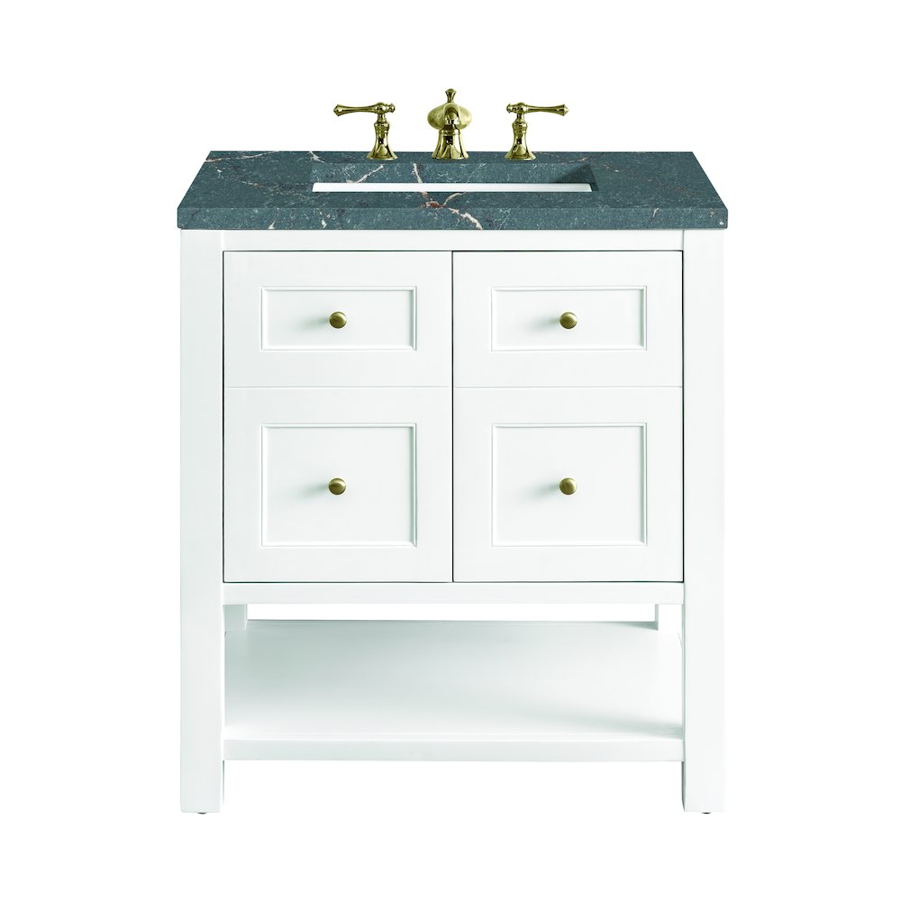 30" Single Vanity, Bright White w/ 3 CM Parisien Bleu Top. Picture 1