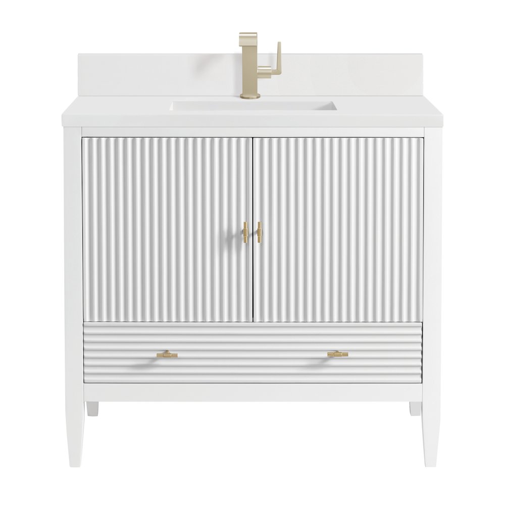 36" Vanity, Bright White w/ Single Hole 3 CM White Zeus Quartz Top & Backsplash. Picture 1