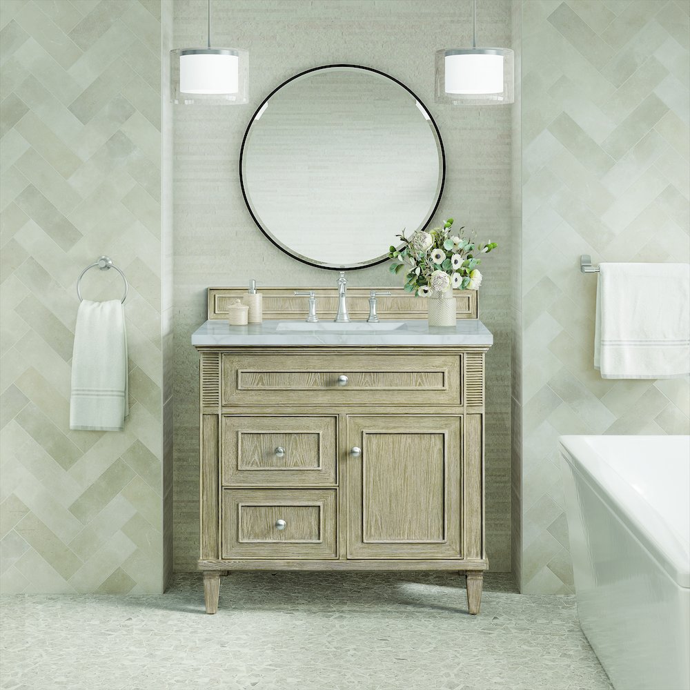 36" Single Vanity, Whitewashed Oak w/ 3 CM Victorian Silver Quartz Top. Picture 3