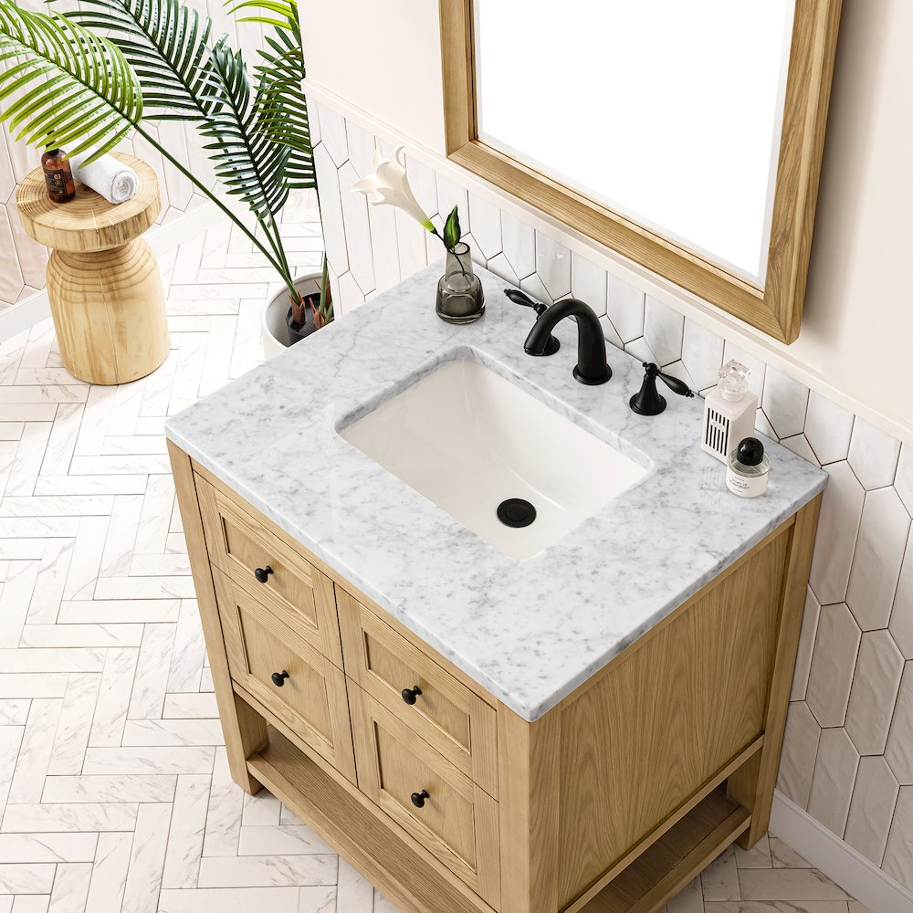 30" Single Vanity, Light Natural Oak w/ 3 CM Carrara Marble Top. Picture 4