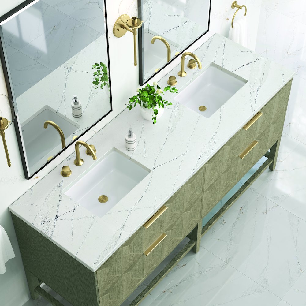 72" Double Vanity, Pebble Oak w/ 3 CM Ethereal Noctis Top. Picture 5