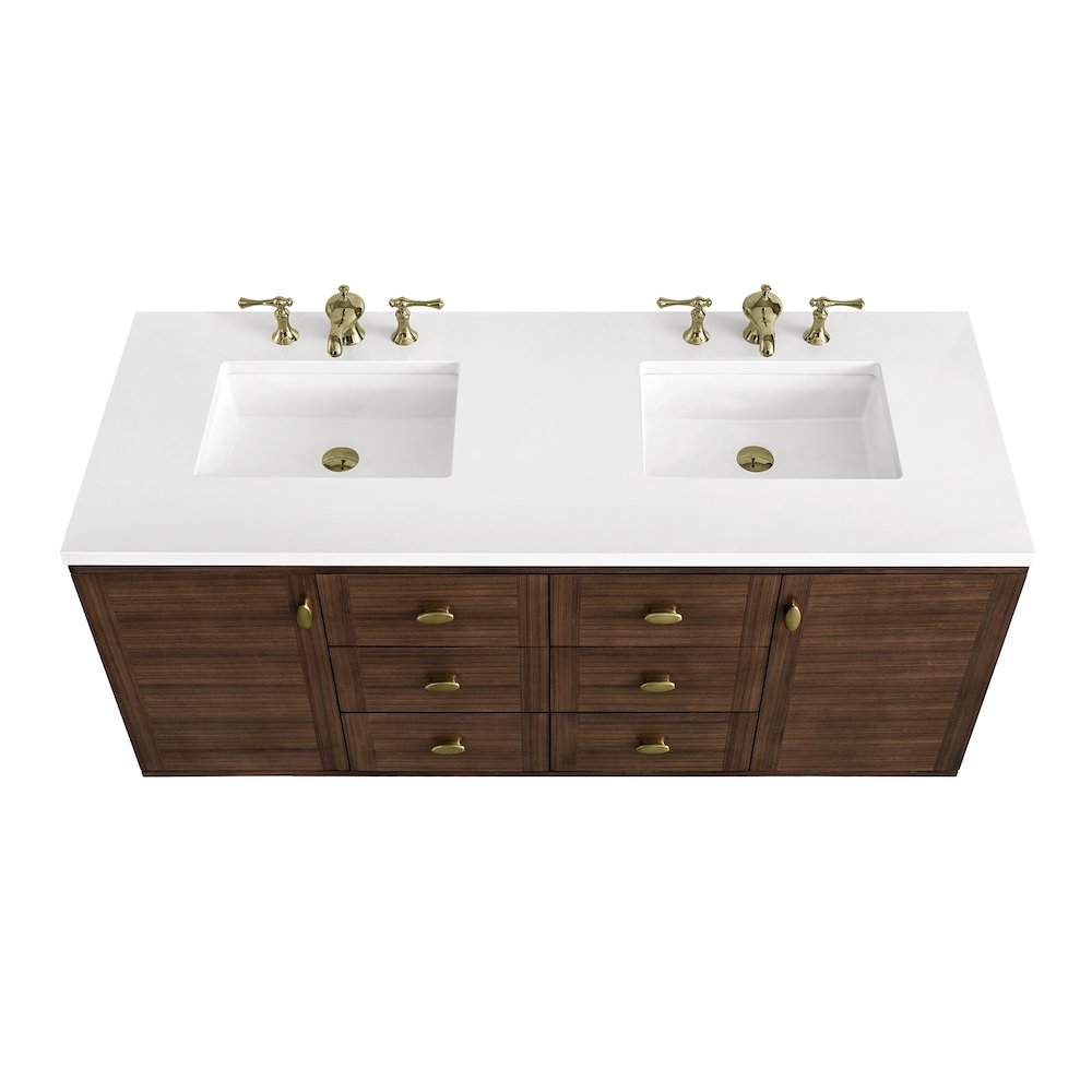 60" Double Vanity, Mid-Century Walnut w/ 3 CM White Zeus Top. Picture 13
