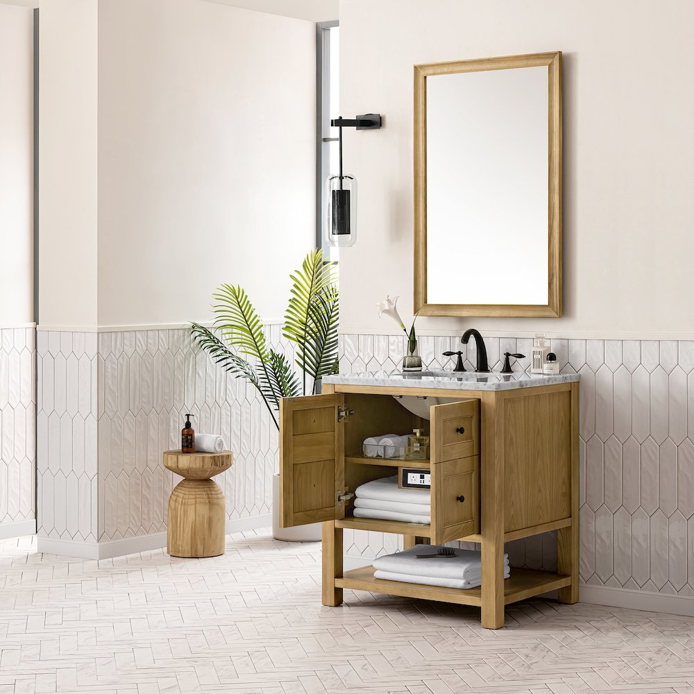 30" Single Vanity, Light Natural Oak w/ 3 CM Carrara Marble Top. Picture 3
