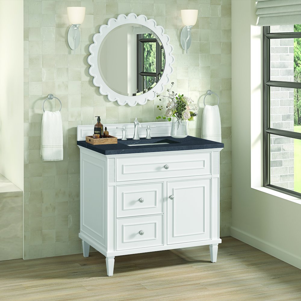 36" Single Vanity, Bright White w/ 3 CM Charcoal Soapstone Quartz Top. Picture 4