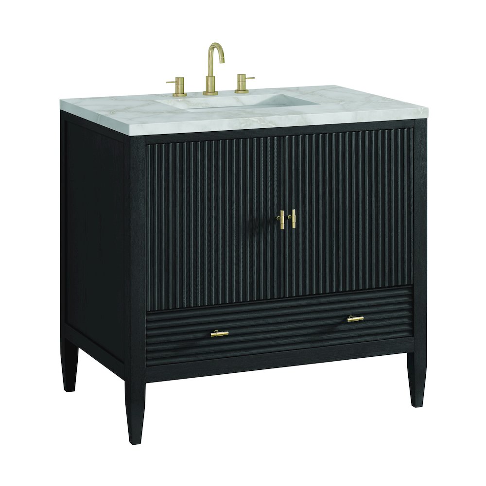 36" Vanity, Carbon Oak w/ 3 CM Victorian Silver Quartz Top. Picture 9