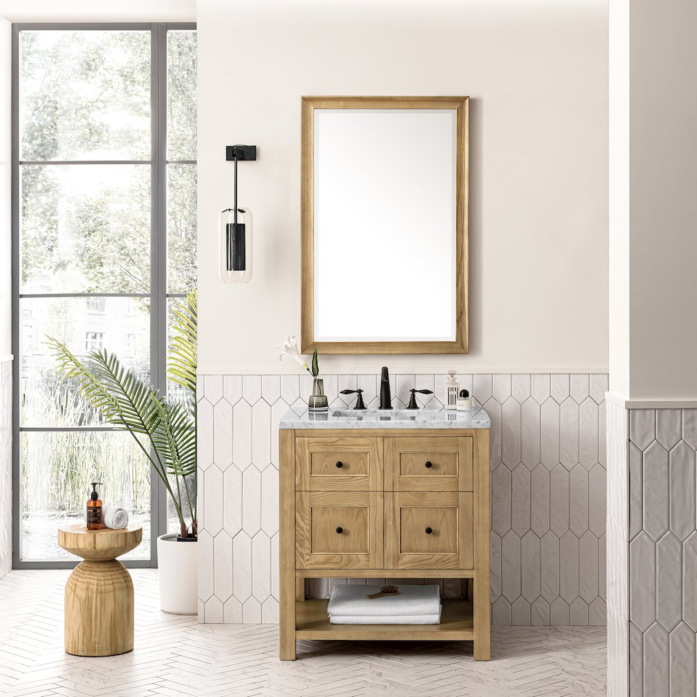 30" Single Vanity, Light Natural Oak w/ 3 CM Carrara Marble Top. Picture 2