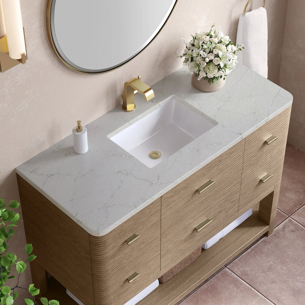 48" Single Vanity, Pebble Oak w/ 3 CM Victorian Silver Quartz Top. Picture 5
