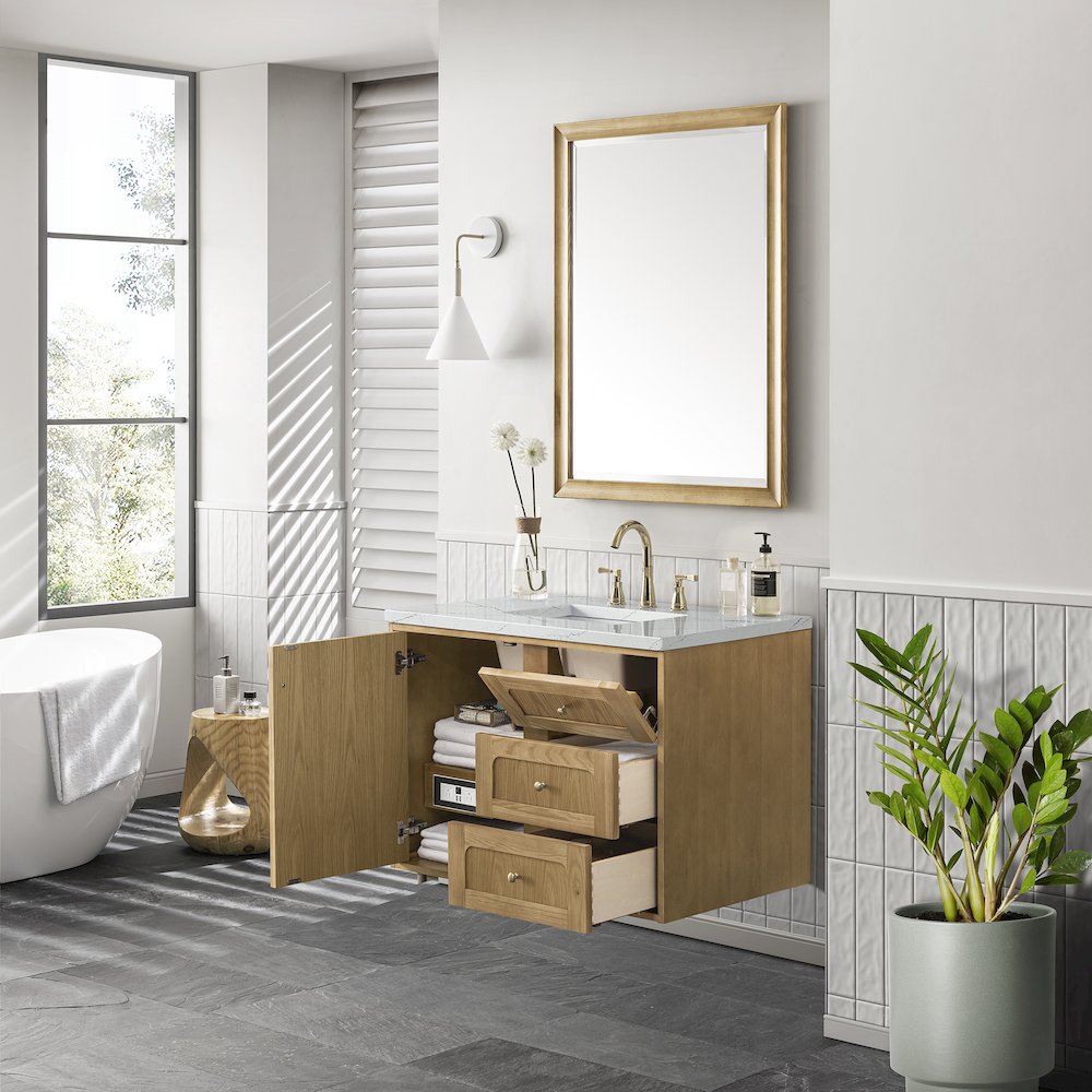 36" Single Vanity, Light Natural Oak w/ 3 CM Ethereal Noctis Top. Picture 6