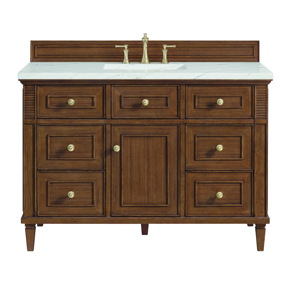 48" Single Vanity, Mid-Century Walnut w/ 3 CM Ethereal Noctis Quartz Top. Picture 1
