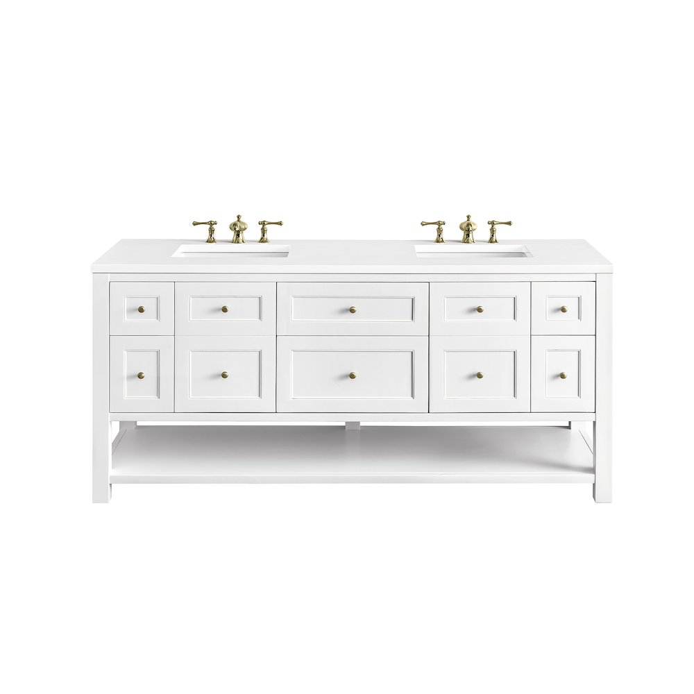 72" Double Vanity, Bright White w/ 3 CM White Zeus Top. Picture 1