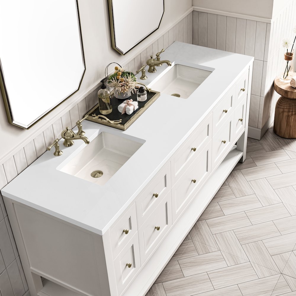 72" Double Vanity, Bright White w/ 3 CM White Zeus Top. Picture 8