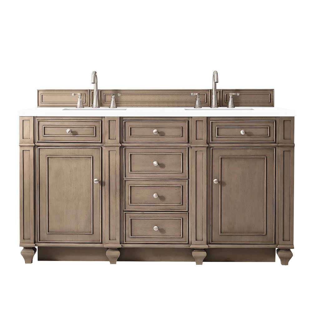60" Double Vanity, Whitewashed Walnut w/ 3 CM White Zeus Quartz Top. Picture 1