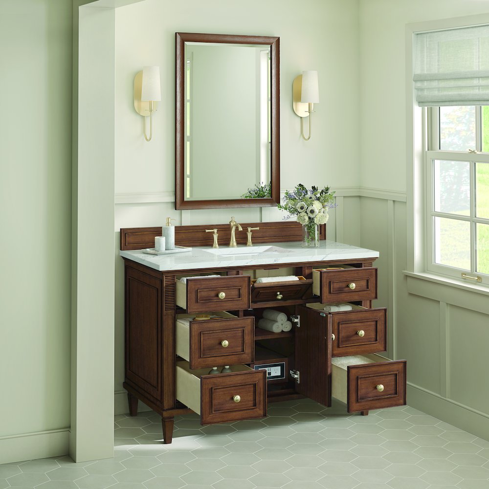 48" Single Vanity, Mid-Century Walnut w/ 3 CM Ethereal Noctis Quartz Top. Picture 6