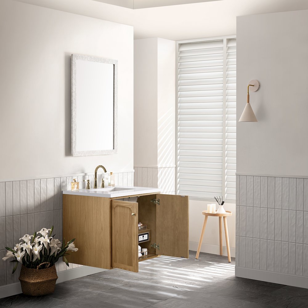 30" Single Vanity, Light Natural Oak w/ 3 CM White Zeus Top. Picture 9