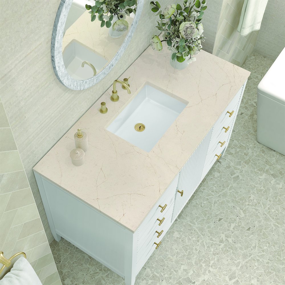 48" Vanity, Bright White w/ 3 CM Eternal Marfil Quartz Top. Picture 7
