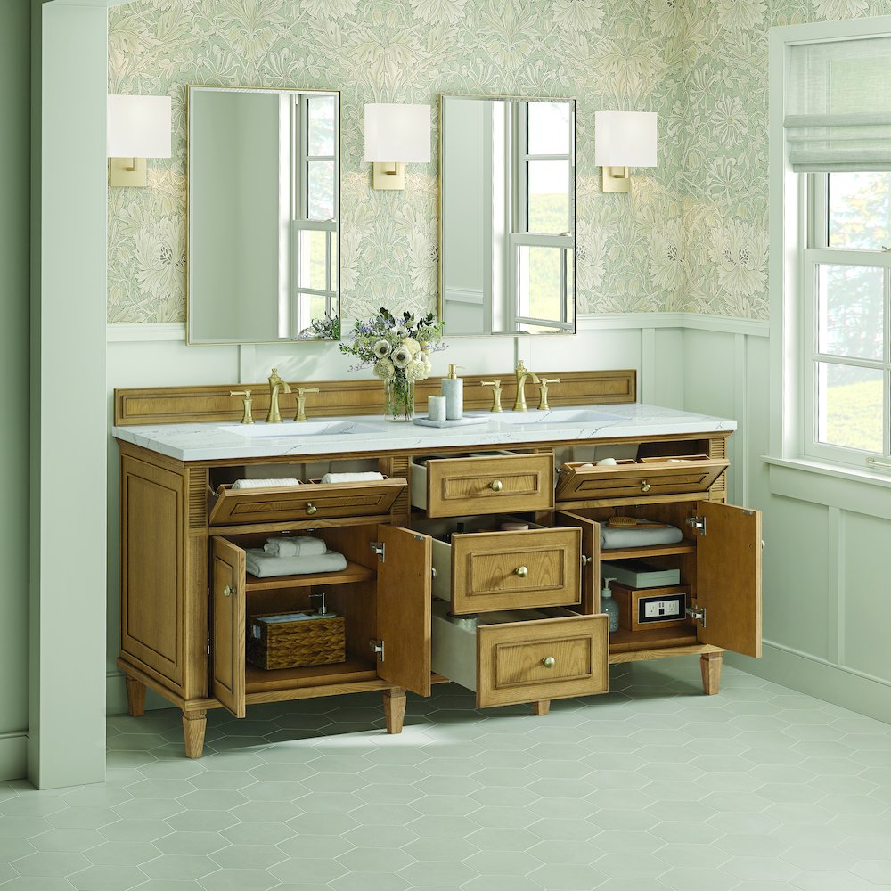 72" Double Vanity, Light Natural Oak w/ 3 CM Ethereal Noctis Quartz Top. Picture 5