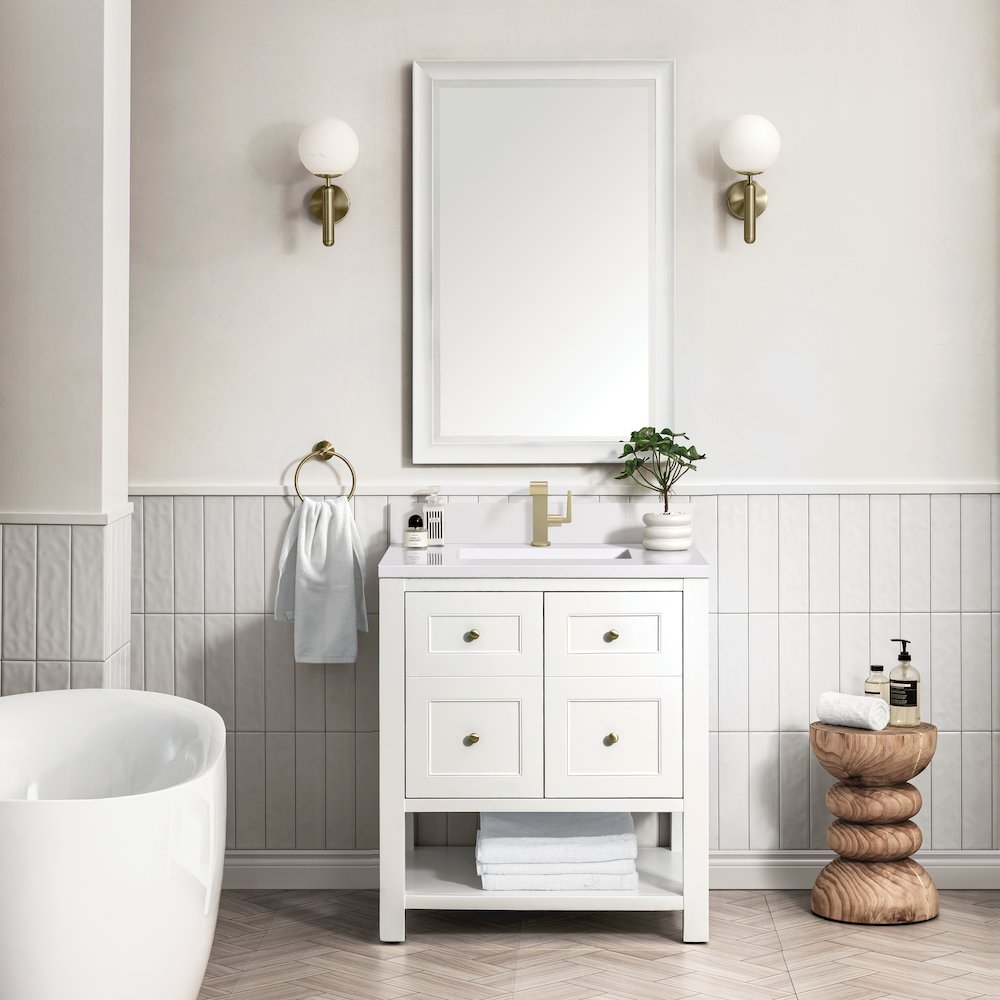 30" Single Vanity, Bright White w/ Single Hole 3 CM White Zeus Top & Backsplash. Picture 2
