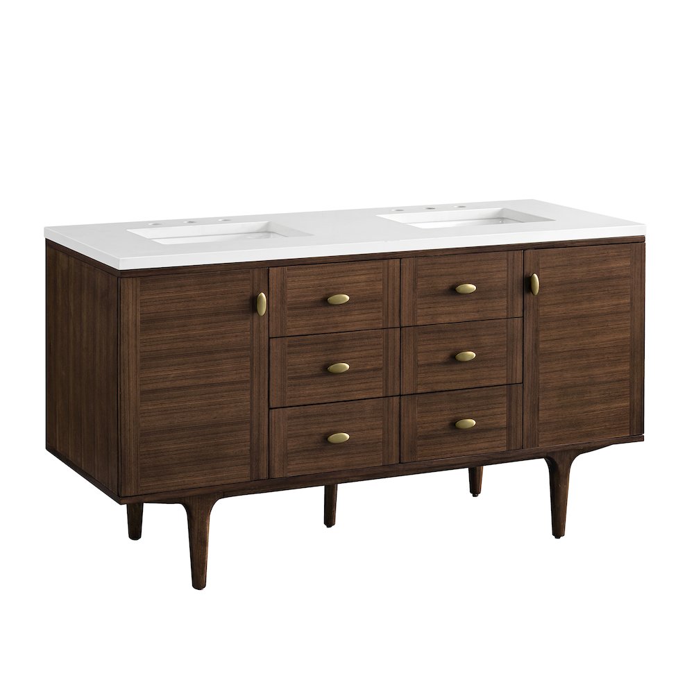 60" Double Vanity, Mid-Century Walnut w/ 3 CM White Zeus Top. Picture 17