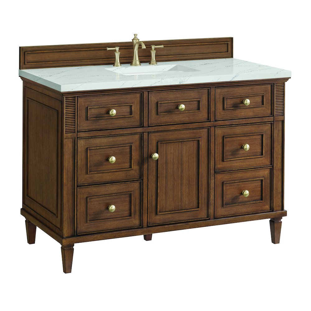 48" Single Vanity, Mid-Century Walnut w/ 3 CM Ethereal Noctis Quartz Top. Picture 10