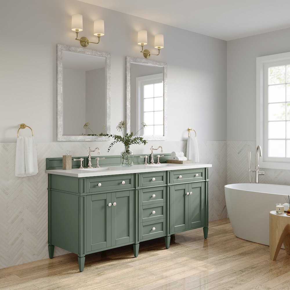 72" Double Vanity, Smokey Celadon w/ 3 CM White Zeus Top. Picture 4