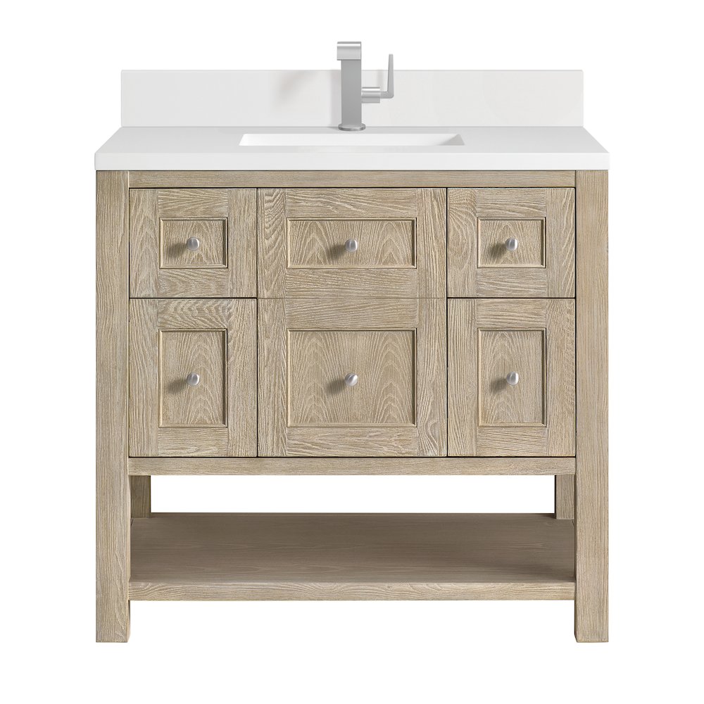 36" Single Vanity, Whitewashed Oak w/ Single Hole 3CM White Zeus Quartz Top. Picture 1