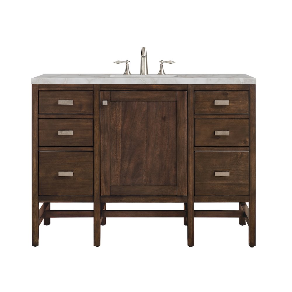 48" Single Vanity, Mid-Century Acacia w/ 3 CM Victorian Silver Quartz Top. Picture 1