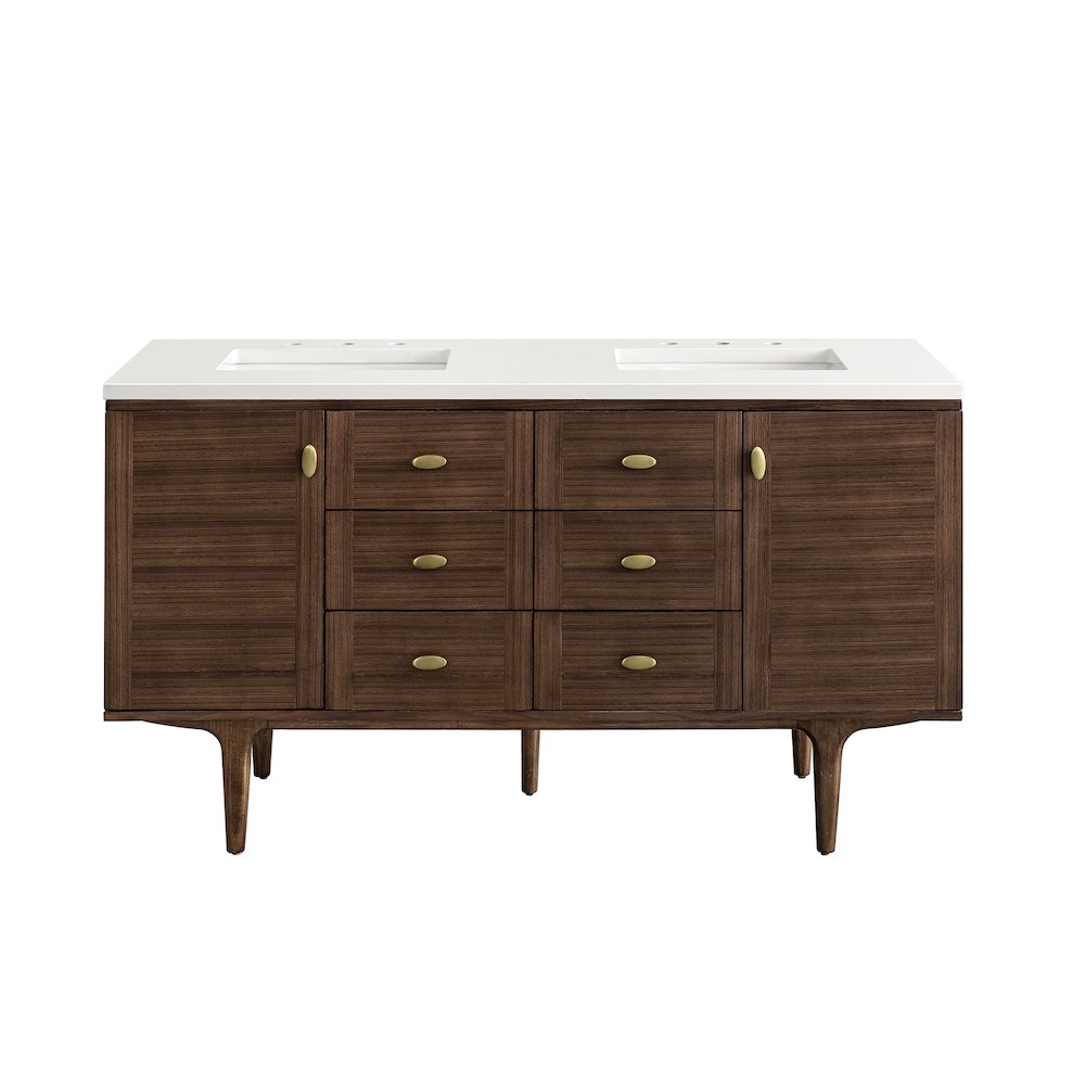 60" Double Vanity, Mid-Century Walnut w/ 3 CM White Zeus Top. Picture 2