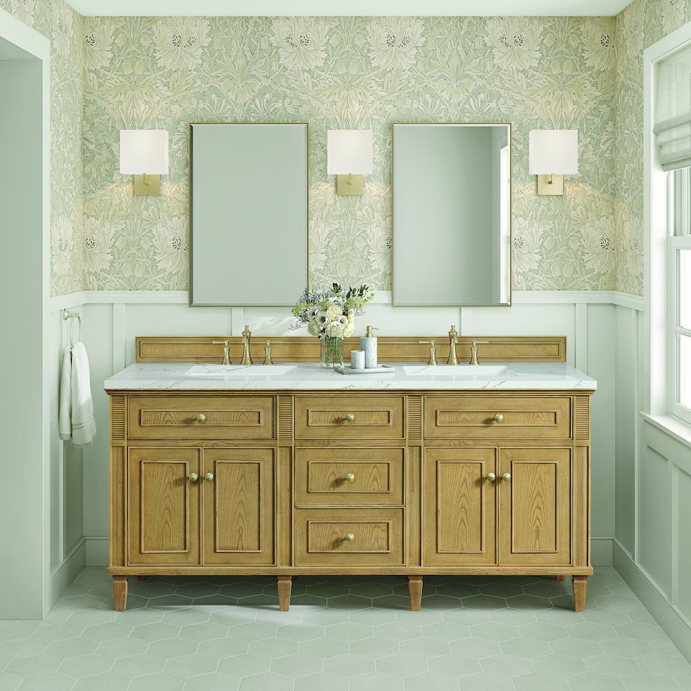 72" Double Vanity, Light Natural Oak w/ 3 CM Ethereal Noctis Quartz Top. Picture 3
