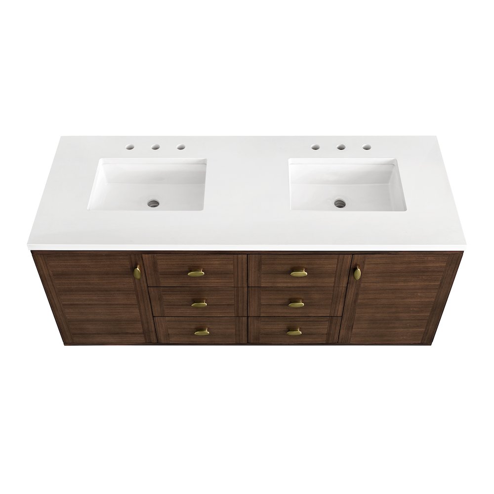 60" Double Vanity, Mid-Century Walnut w/ 3 CM White Zeus Top. Picture 14