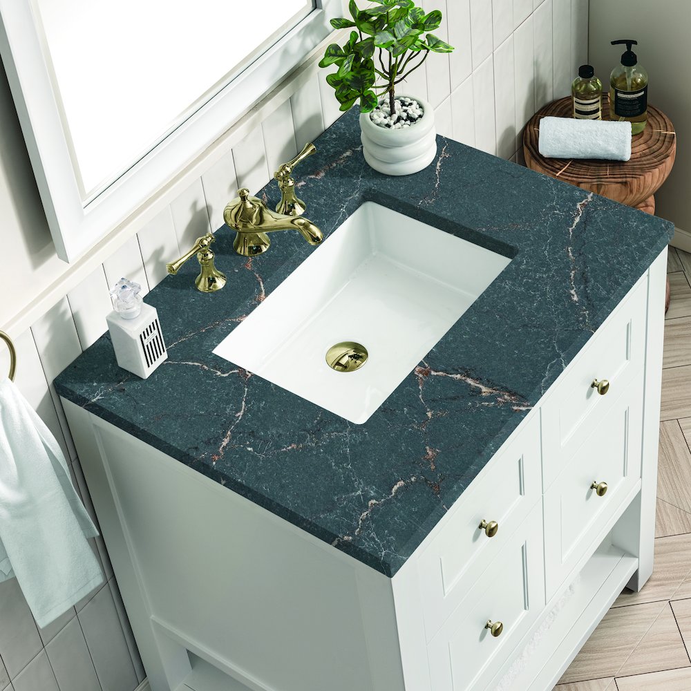 30" Single Vanity, Bright White w/ 3 CM Parisien Bleu Top. Picture 5