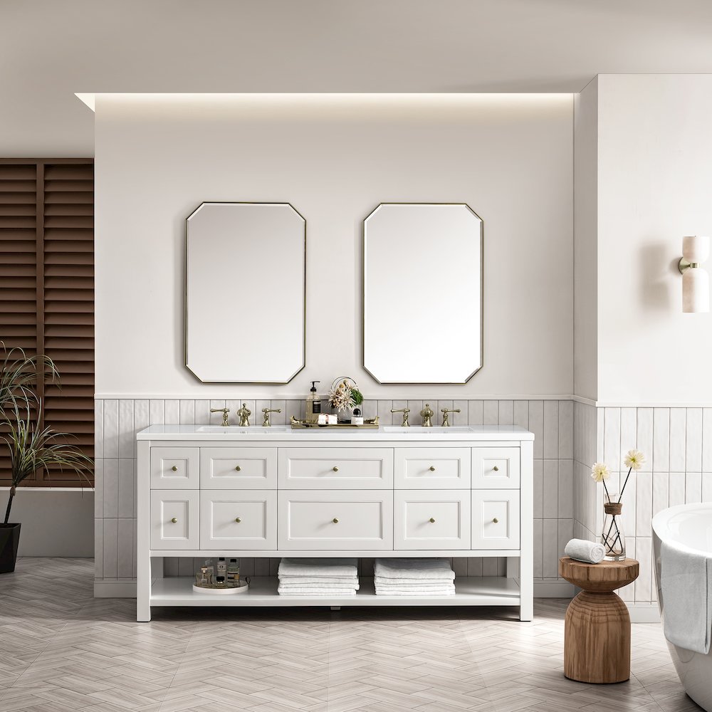 72" Double Vanity, Bright White w/ 3 CM White Zeus Top. Picture 3